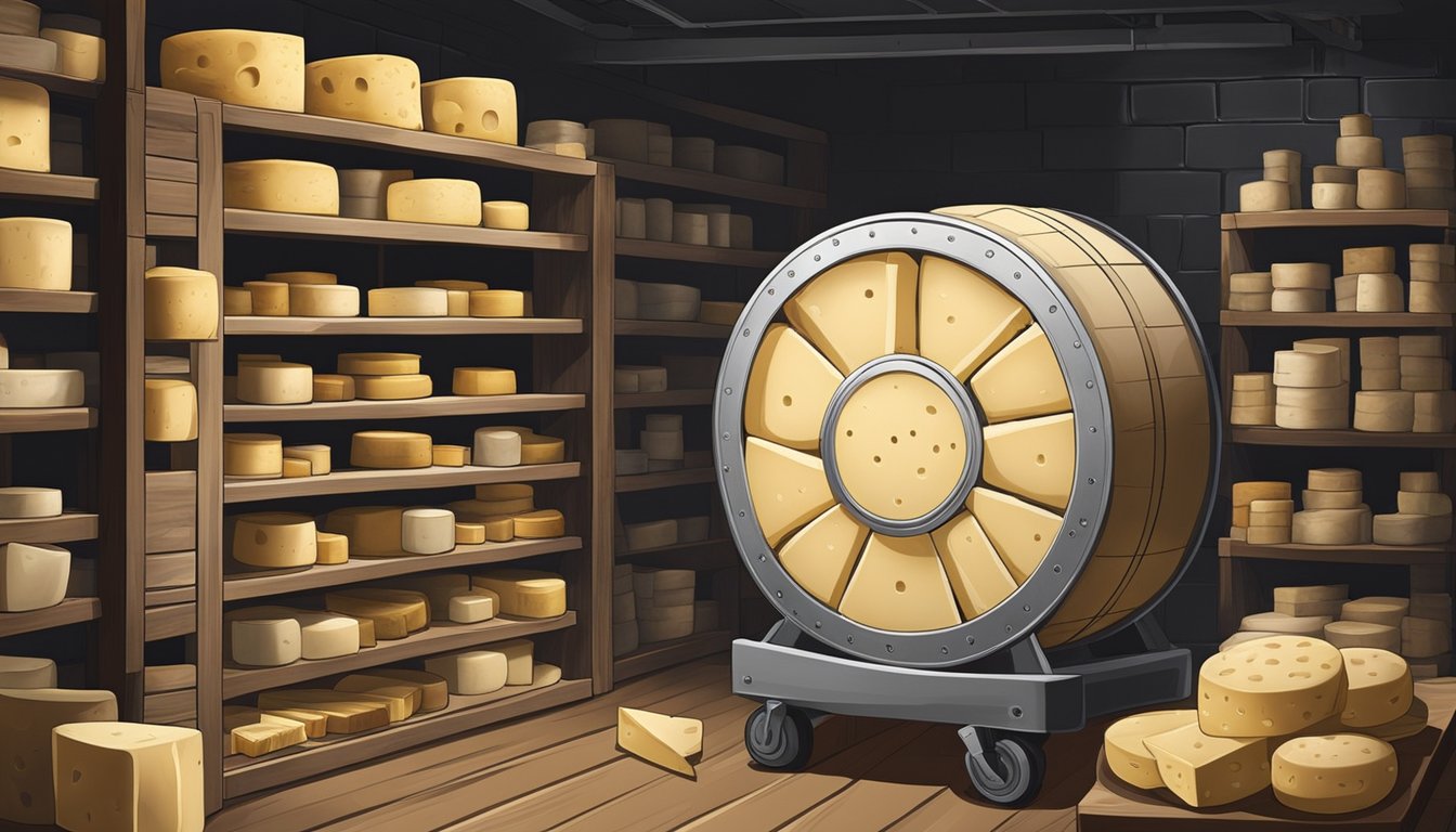 A wheel of havarti cheese is carefully wrapped in wax paper and placed in a cool, dark cellar for aging. Nearby, shelves hold various containers for preserving and storing different cheese substitutes