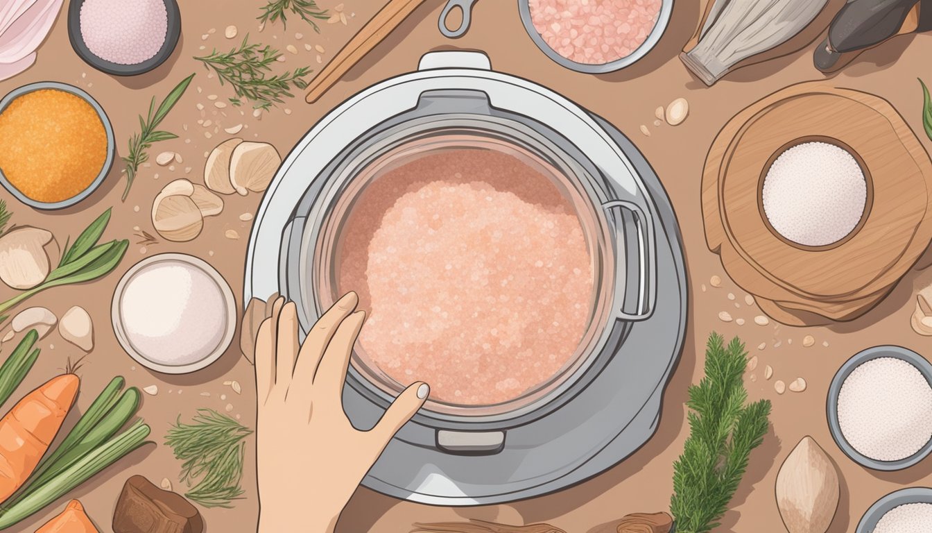 A hand reaching for a jar of Himalayan pink salt substitutes on a kitchen countertop, surrounded by various cooking ingredients and utensils