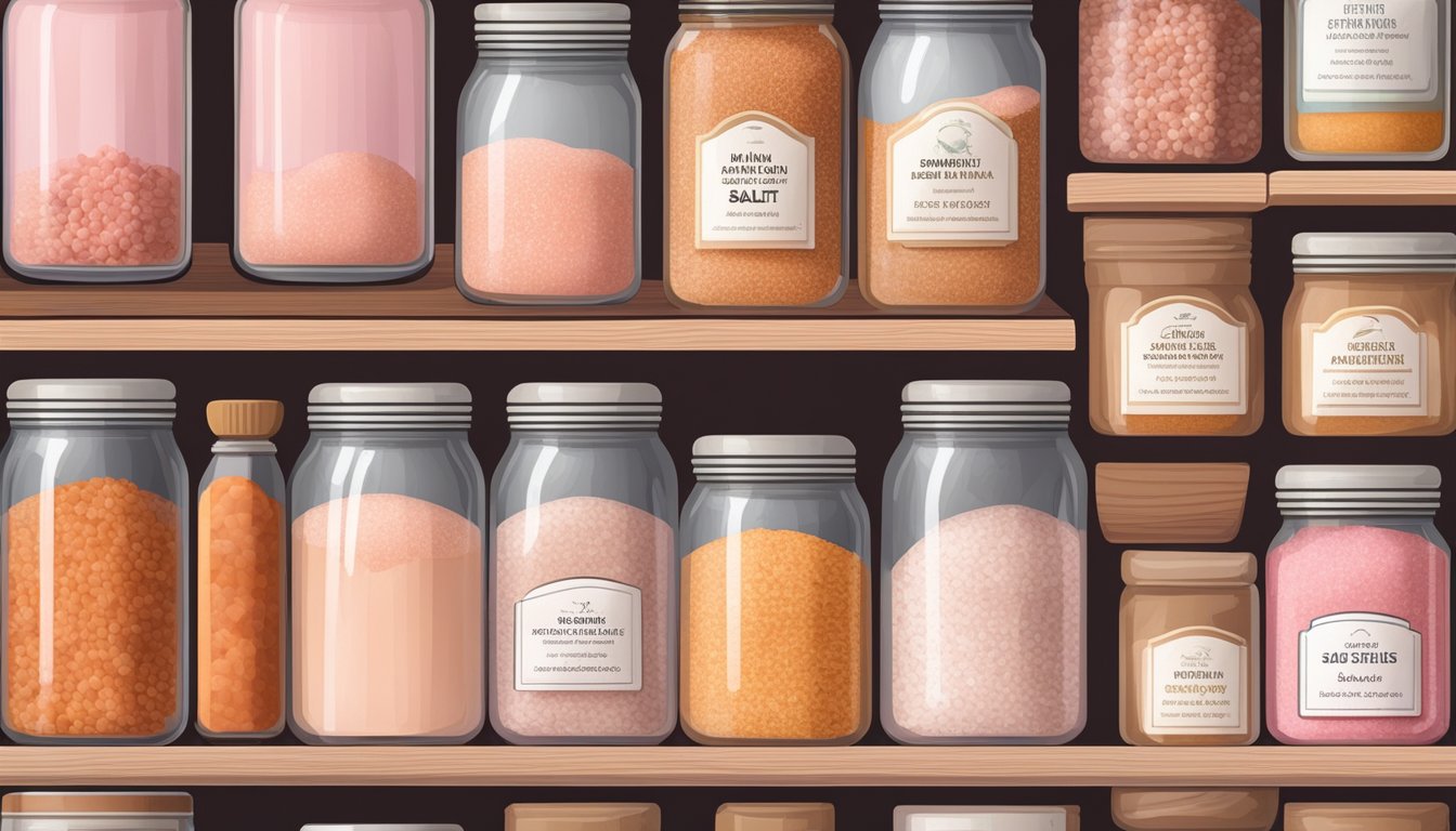 A pantry shelf with various containers of Himalayan pink salt substitutes and other sodium alternatives for food preservation