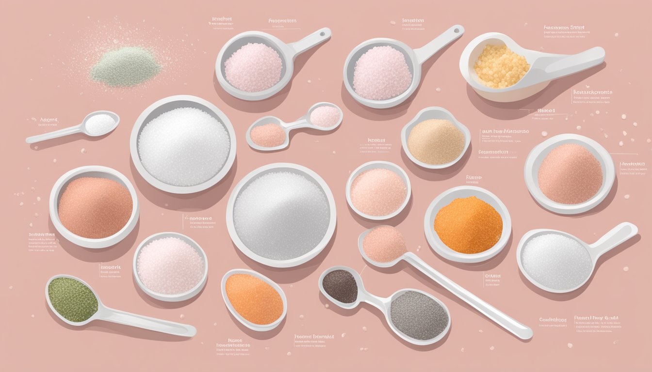 A table with various salt substitutes, including himalayan pink salt, surrounded by measuring spoons and nutrition labels