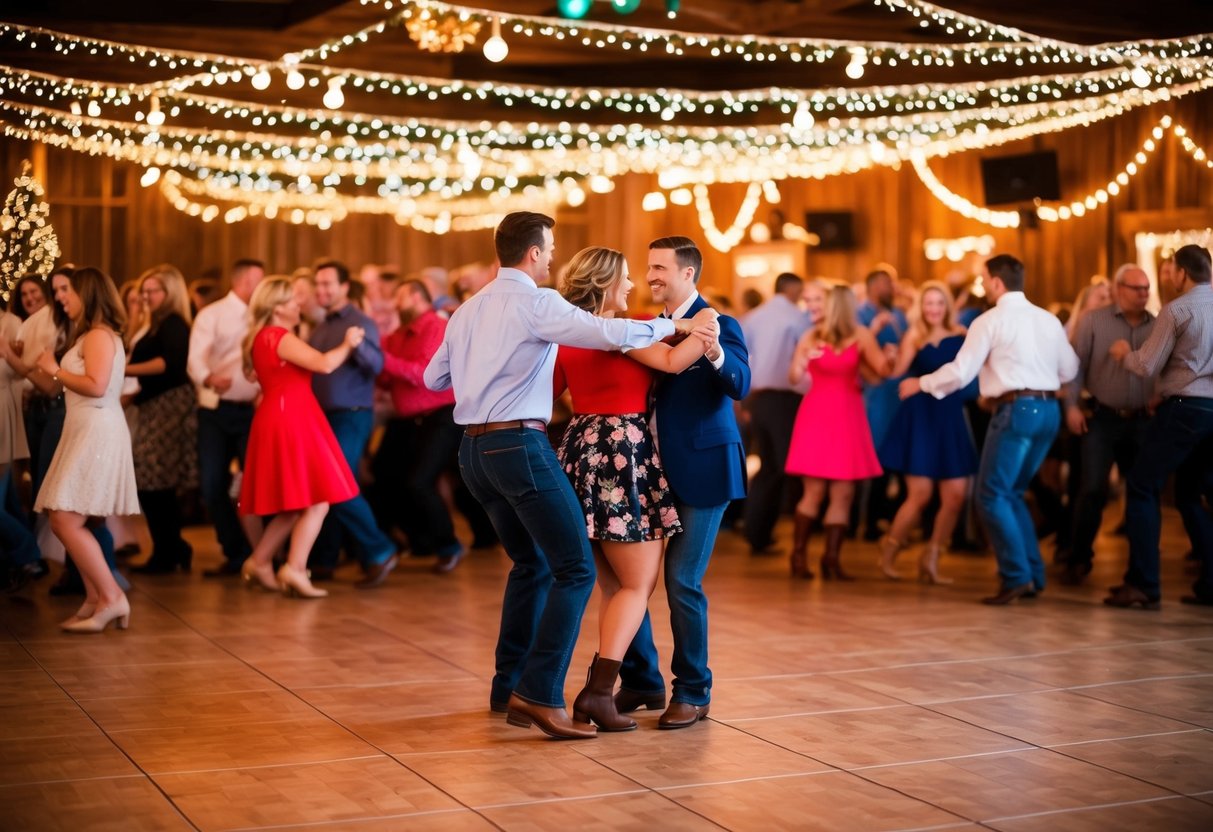 A crowded dance floor with couples moving in sync to a lively country song, surrounded by festive decorations and twinkling lights