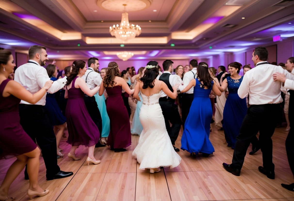 A crowded dance floor with guests moving in unison to the energetic rhythm of the "Electric Slide" or "Cupid Shuffle" at a wedding reception