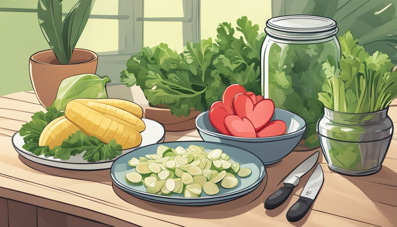 A jar of hearts of palm sits next to a plate of salad ingredients, with a knife and cutting board nearby