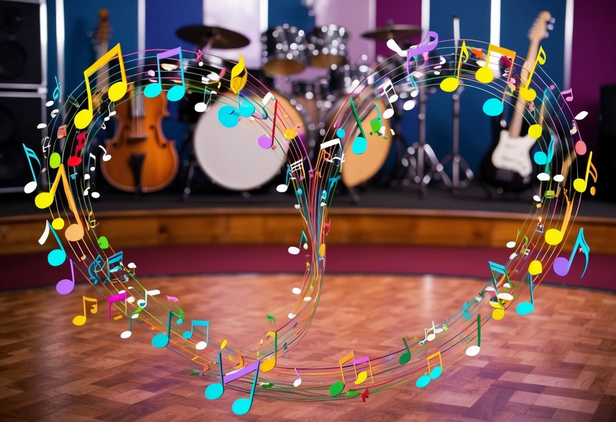 A colorful array of musical notes swirling around a heart-shaped dance floor, with a mix of classic and modern instruments in the background