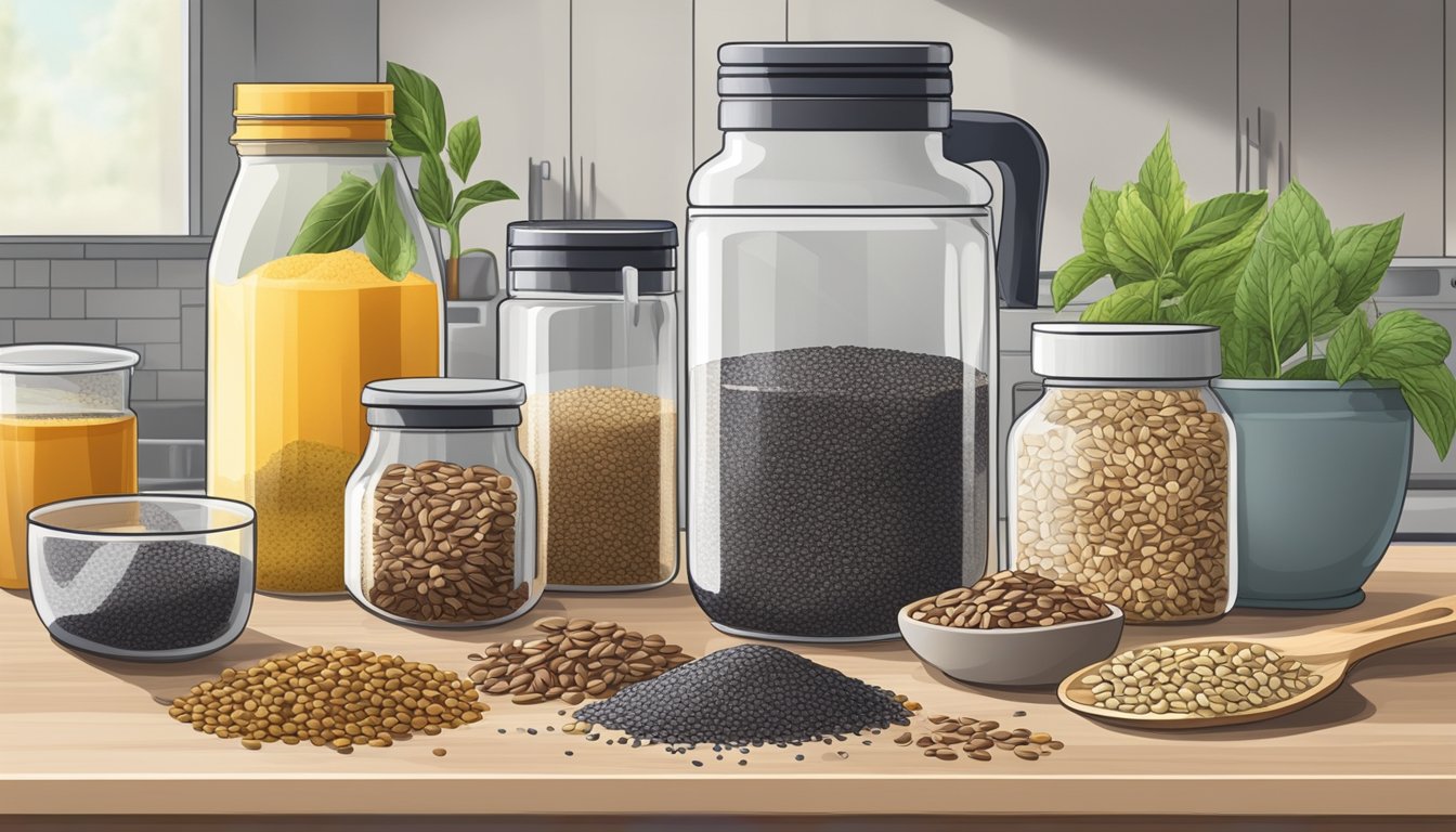 A kitchen counter with various ingredients such as chia seeds, flaxseeds, and sunflower seeds laid out for consideration as hemp seed substitutes