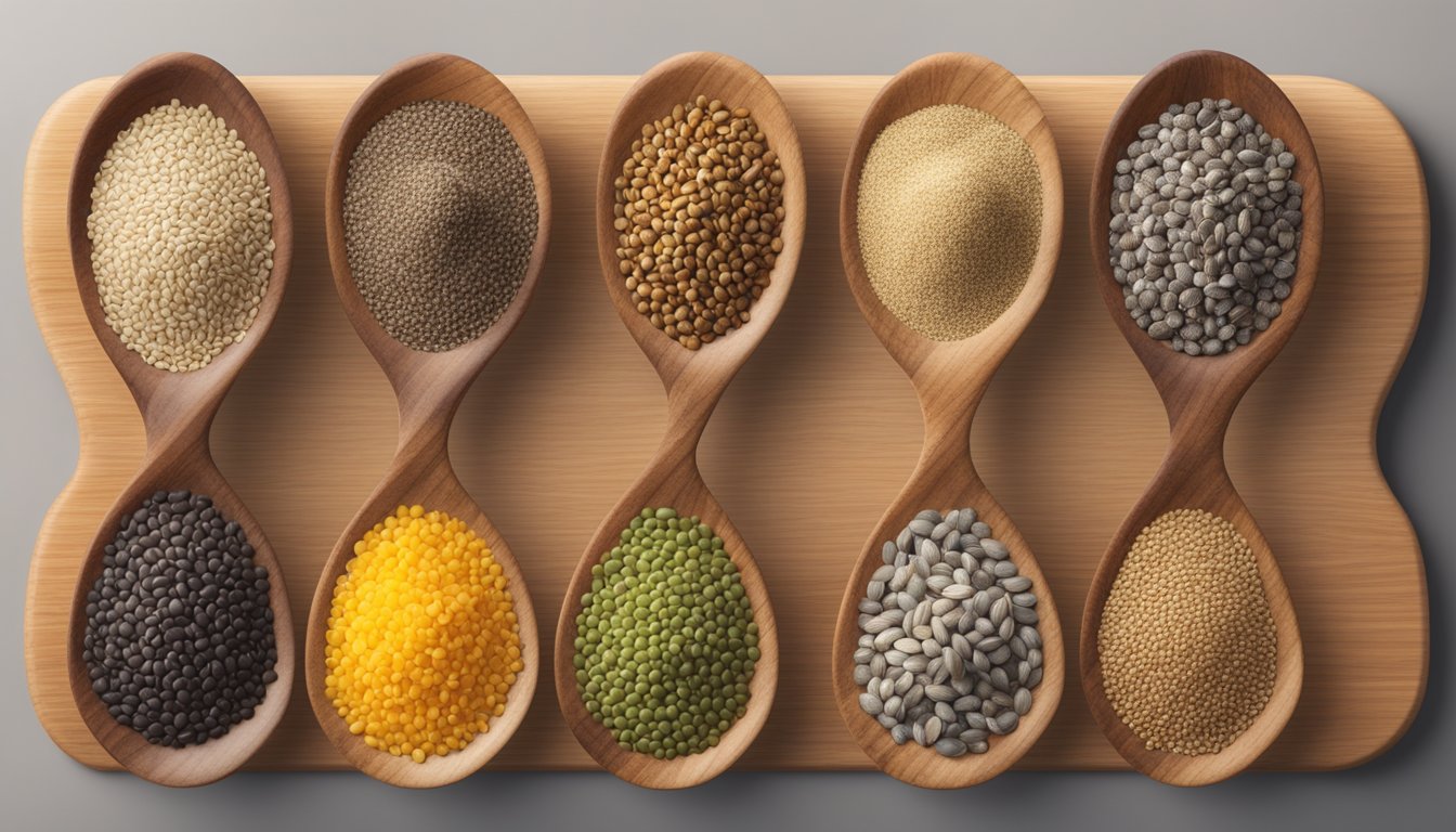 A variety of hemp seed substitutes displayed on a wooden cutting board, including chia seeds, flax seeds, and sunflower seeds, with their unique textures and colors