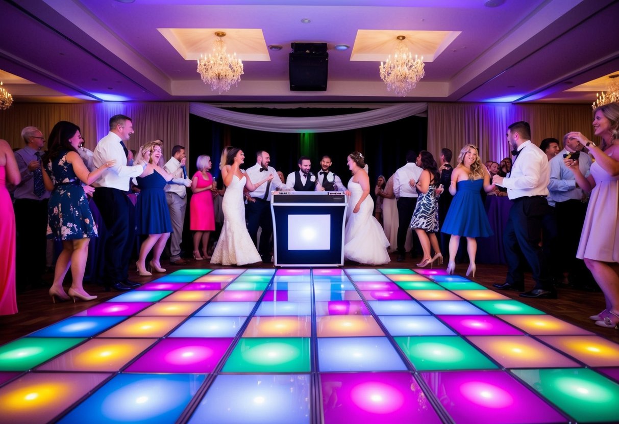 A festive dance floor with colorful lights and a DJ booth, surrounded by joyful wedding guests socializing and dancing to the music