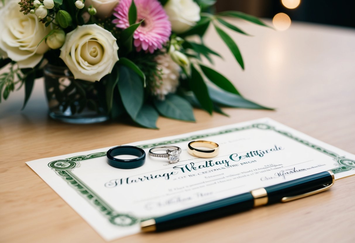 A table with a floral arrangement, two wedding rings, a pen, and a marriage certificate