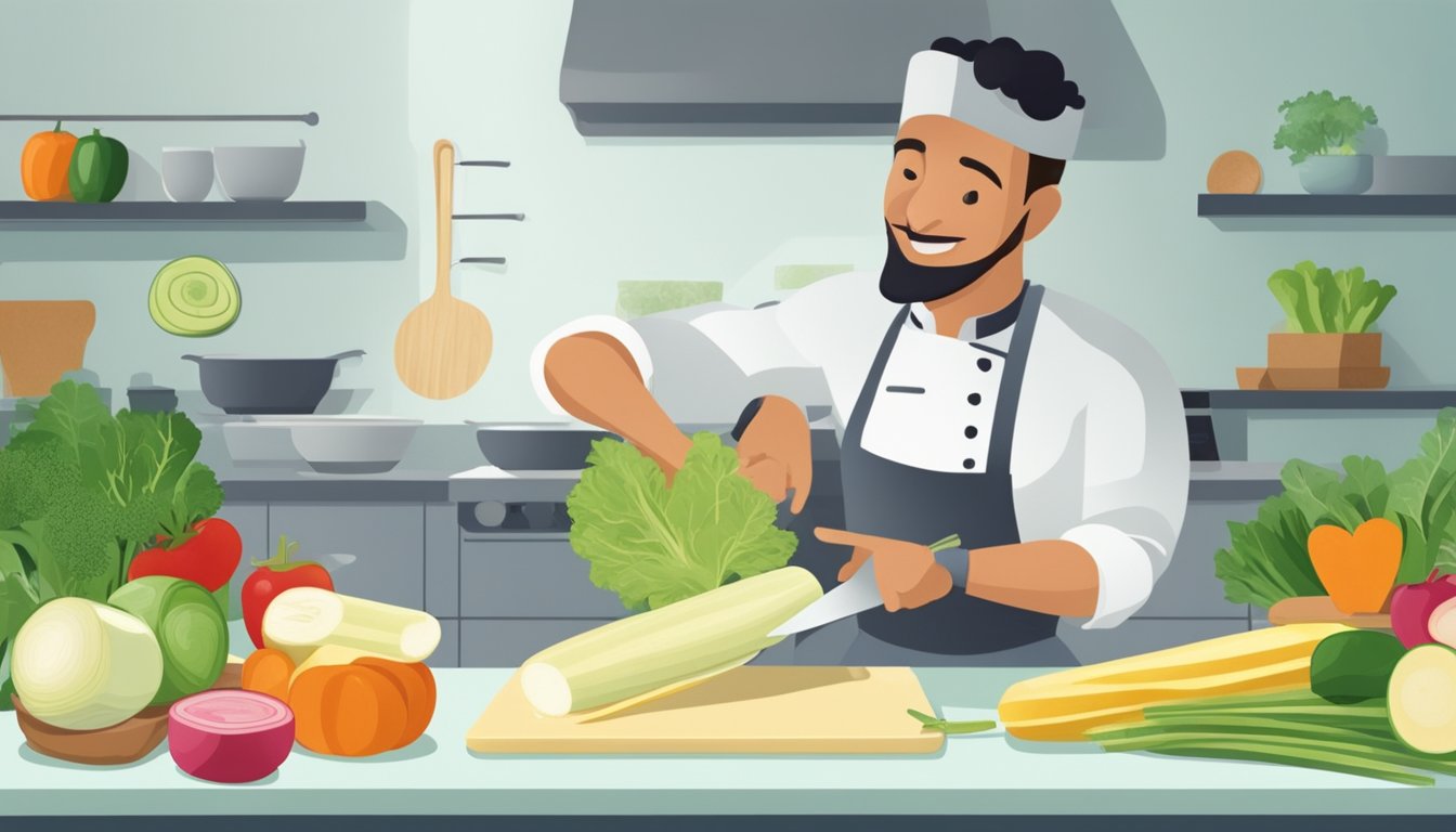 A chef slicing hearts of palm as a substitute for vegetables in a kitchen