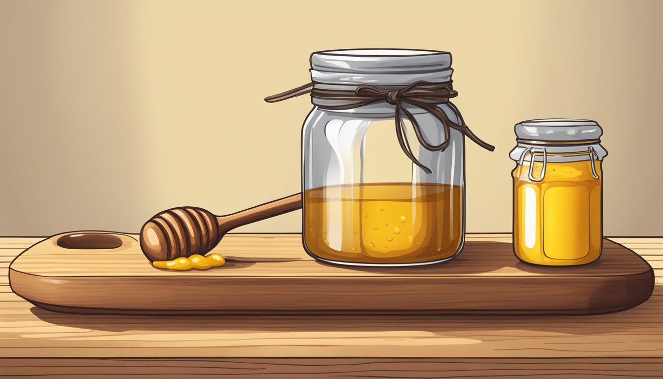 A jar of honey and a bottle of mustard sit side by side on a wooden cutting board. A mixing bowl and spoon are nearby