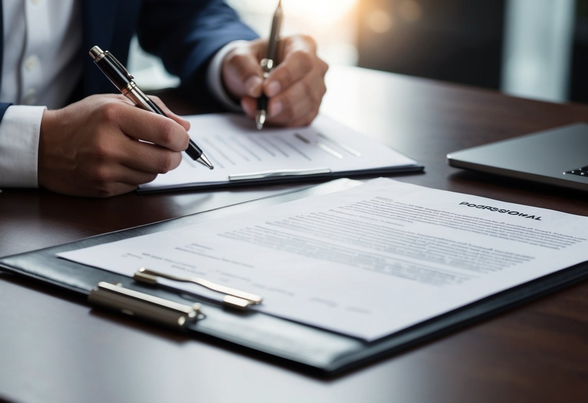 A table with a pen, paper, and official documents
