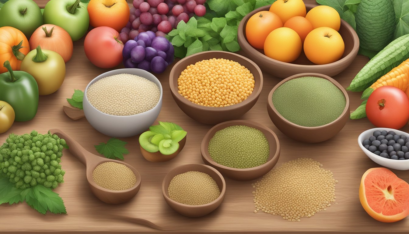 A variety of hemp seed substitutes arranged on a wooden cutting board with colorful fruits and vegetables in the background