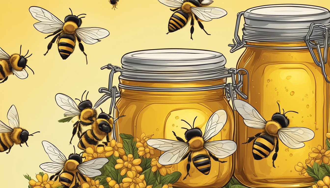 A jar of honey surrounded by bees on a sunny day