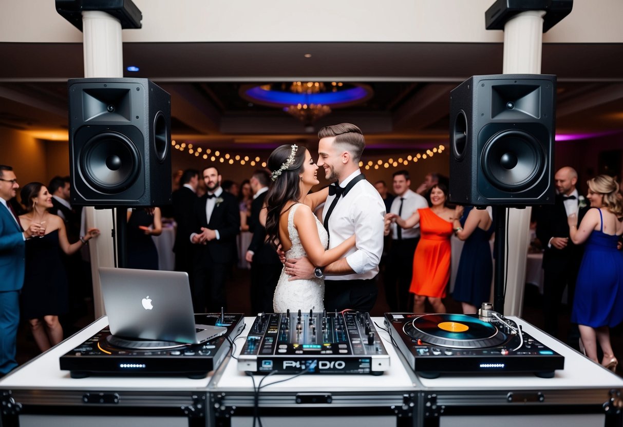 A DJ booth with a laptop, speakers, and a mix of vinyl records and digital music files. A couple dancing on the dance floor, surrounded by guests