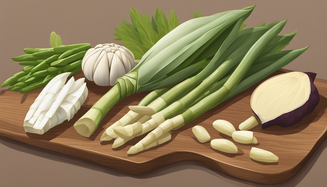 A variety of heart of palm substitutes displayed on a wooden cutting board, including artichoke hearts, green beans, and white asparagus