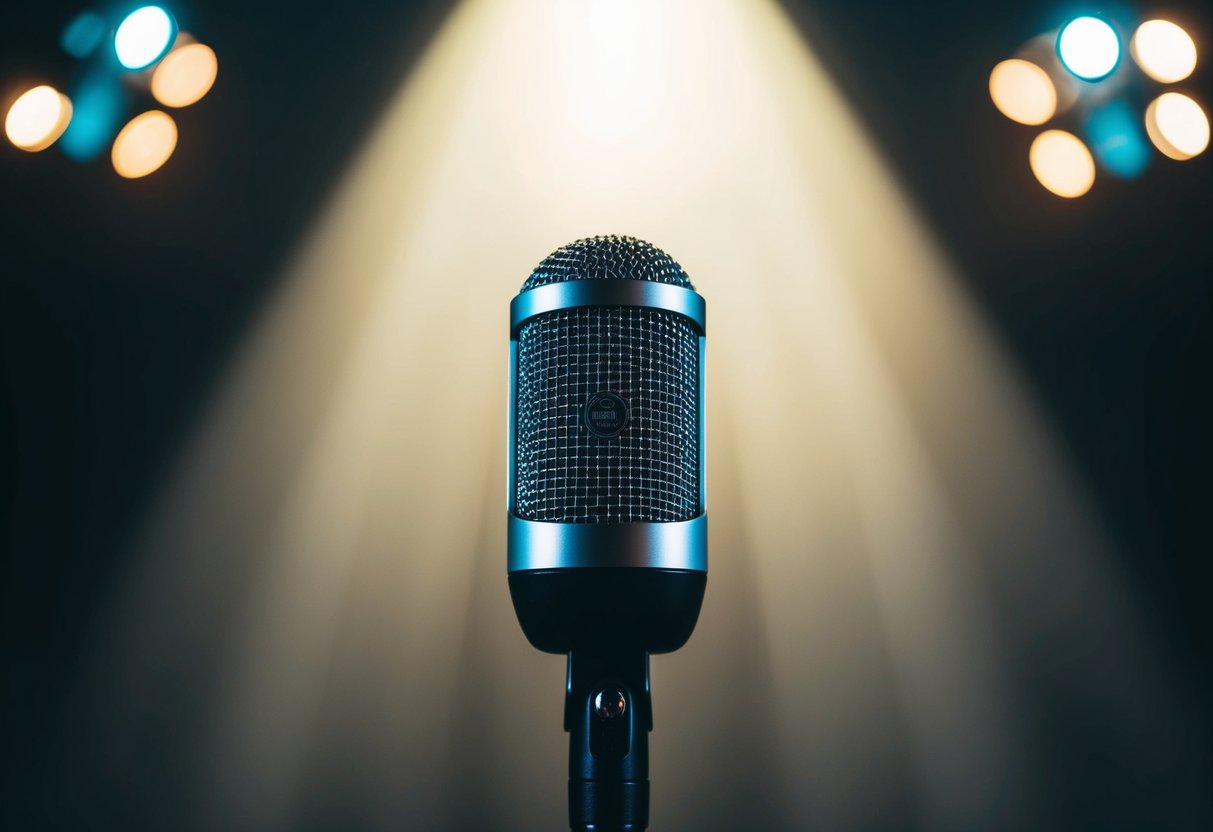 A microphone on a stage with a spotlight shining down