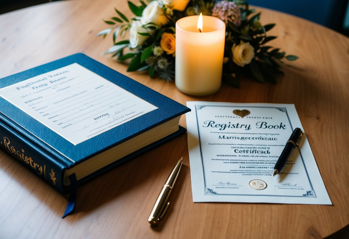 A table with a registry book, a pen, and a marriage certificate. A candle and flowers are arranged nearby