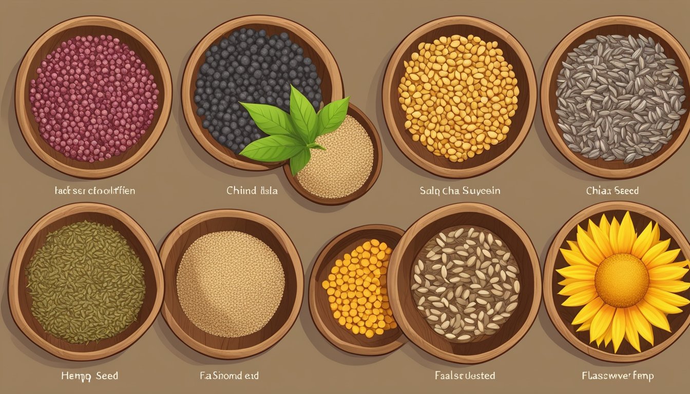 A colorful array of hemp seed substitutes, including chia seeds, flaxseeds, and sunflower seeds, arranged in a rustic wooden bowl