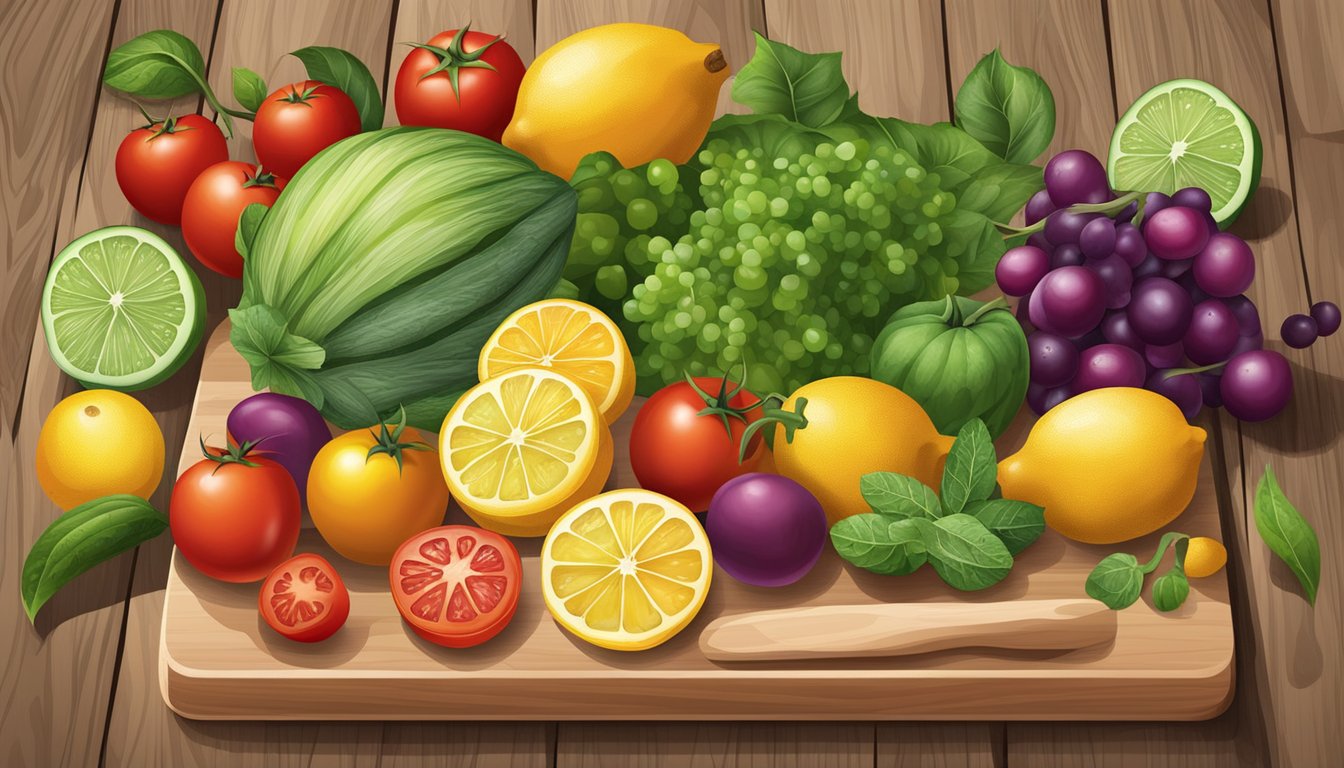 A wooden cutting board with a variety of colorful fruits and vegetables, including lemons, tomatoes, and mustard seeds