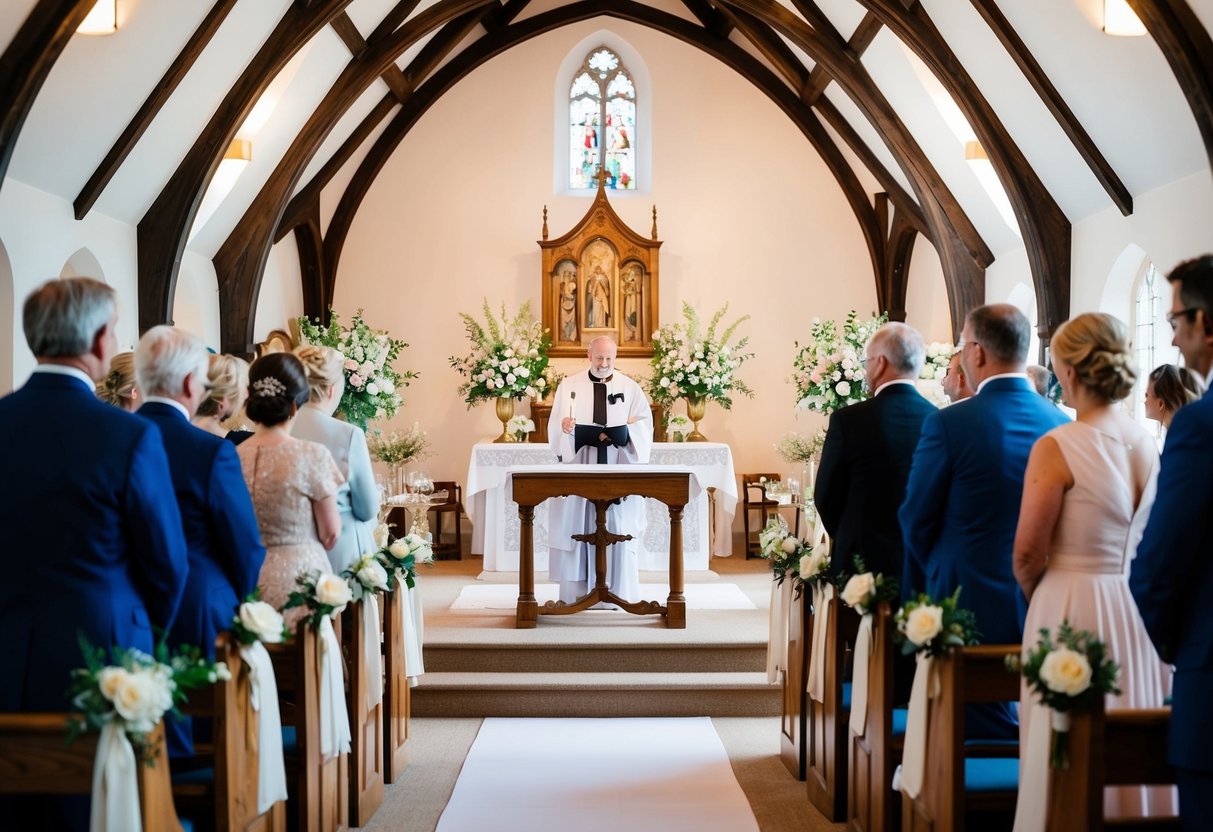 A traditional wedding ceremony set in a charming English countryside church, complete with a beautiful altar, floral arrangements, and a classic wooden podium for the officiant