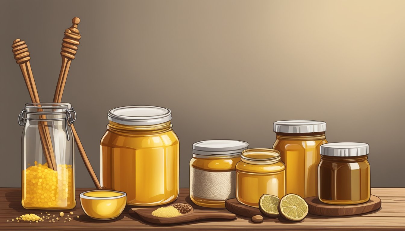 A jar of honey and a bottle of mustard sit side by side on a wooden table, surrounded by various spices and condiments