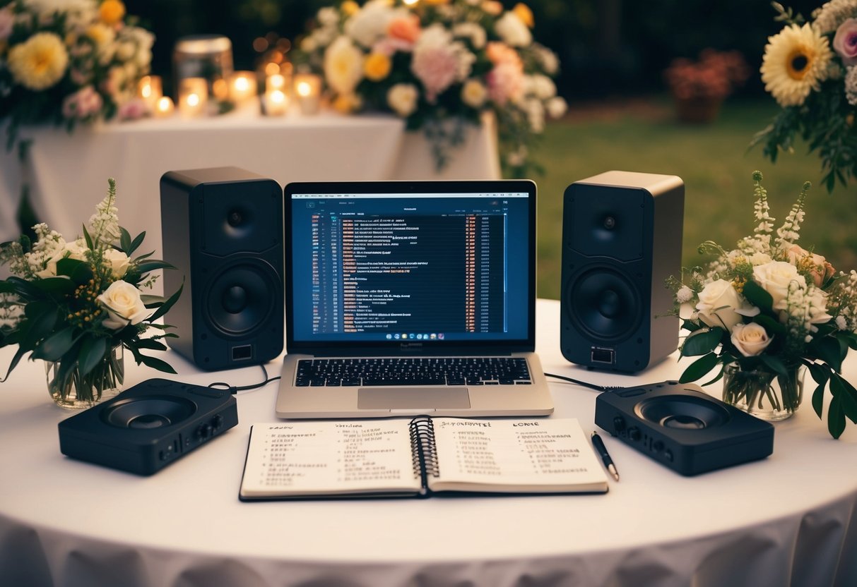 A table with a laptop, speakers, and a notebook filled with song titles, surrounded by flowers and wedding decor