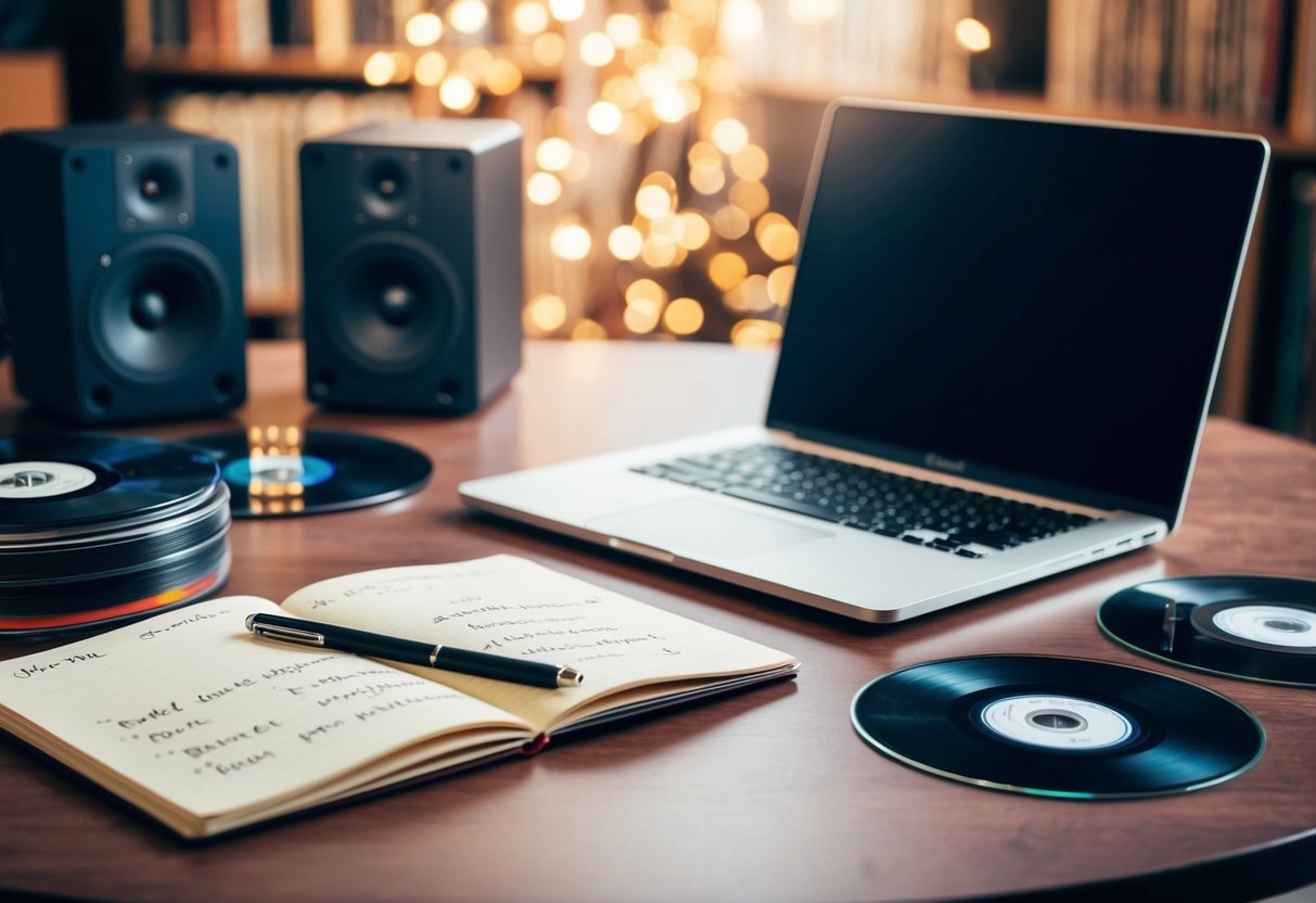A table with a laptop and speakers, surrounded by records and CDs. A notebook with handwritten song titles lies open next to a pen