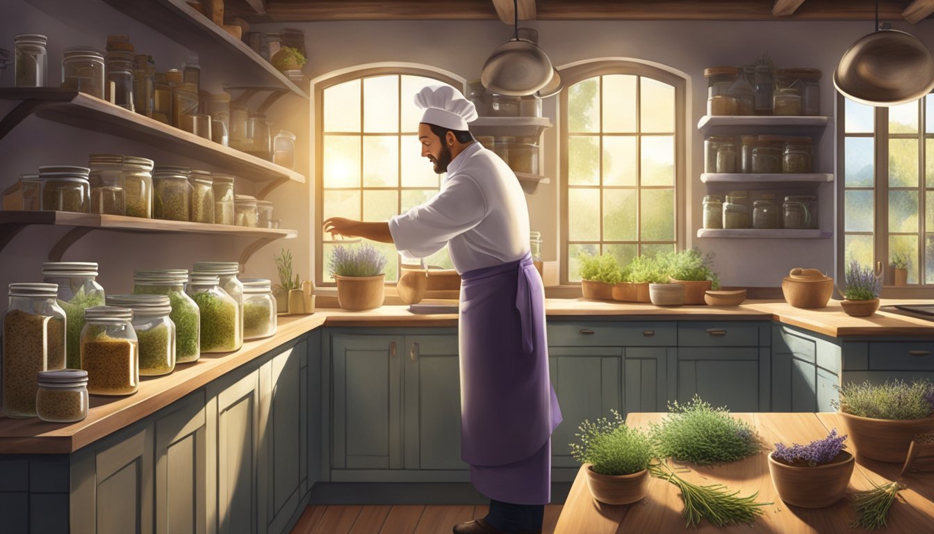 A chef reaching for jars of thyme, rosemary, and lavender in a rustic kitchen pantry, with sunlight streaming through the window