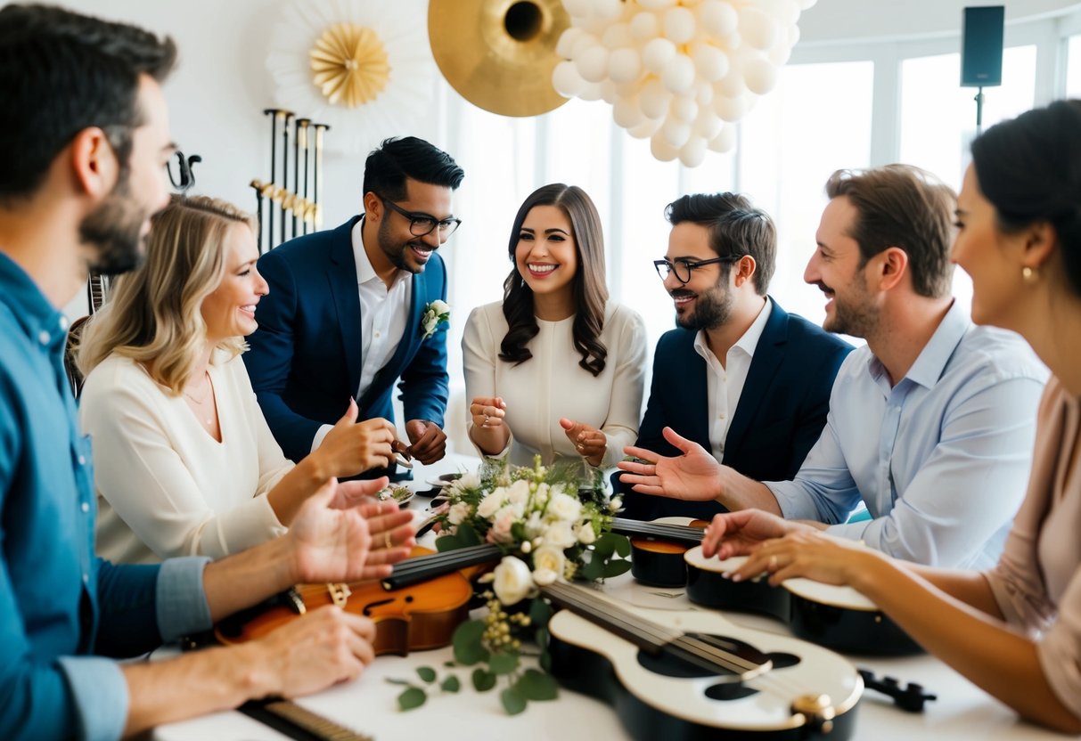 A group of people gathered around a table, sharing ideas and discussing music selections for a wedding playlist. They are engaged in lively conversation and are surrounded by musical instruments and wedding decor