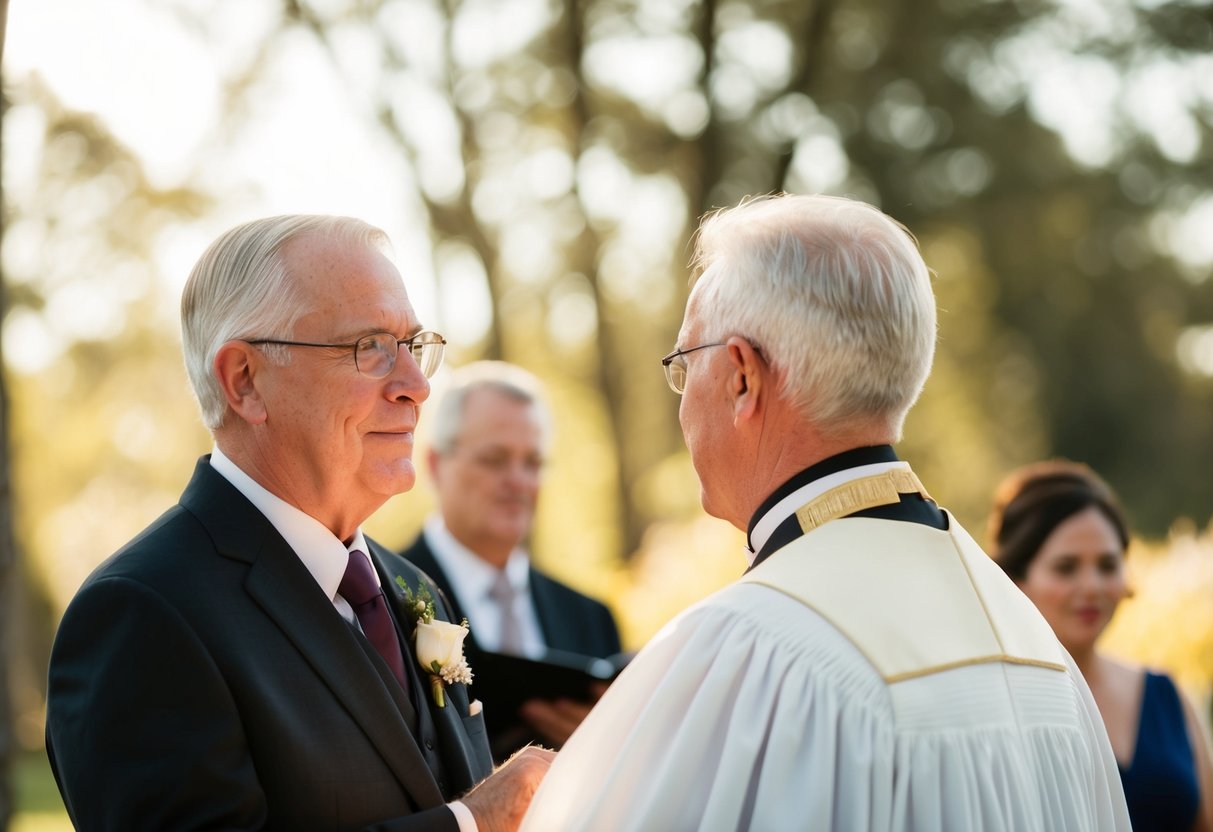 A retired minister officiates a wedding ceremony
