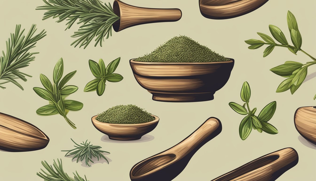 A wooden spoon sprinkling dried thyme, rosemary, and savory into a mortar and pestle