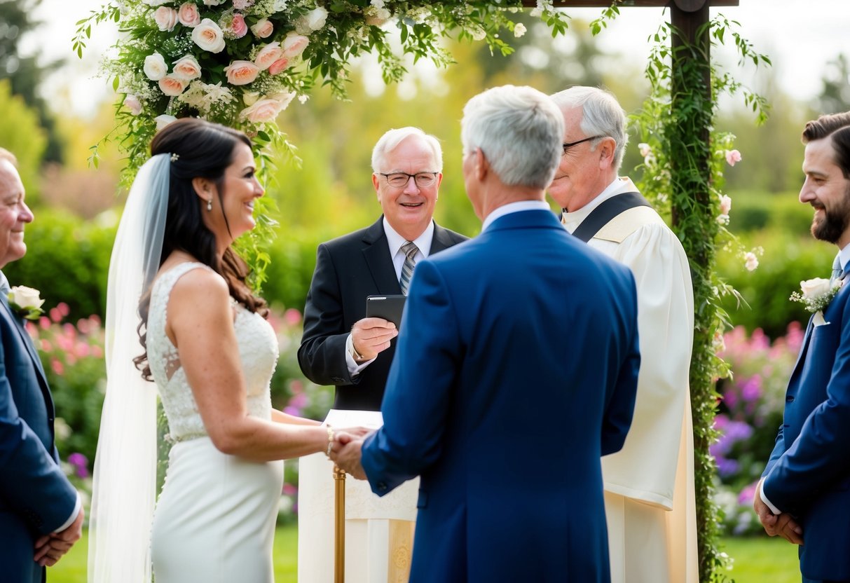 A retired minister stands at the altar, facing a couple with a marriage license. The setting is a beautiful outdoor garden, with blooming flowers and a serene atmosphere