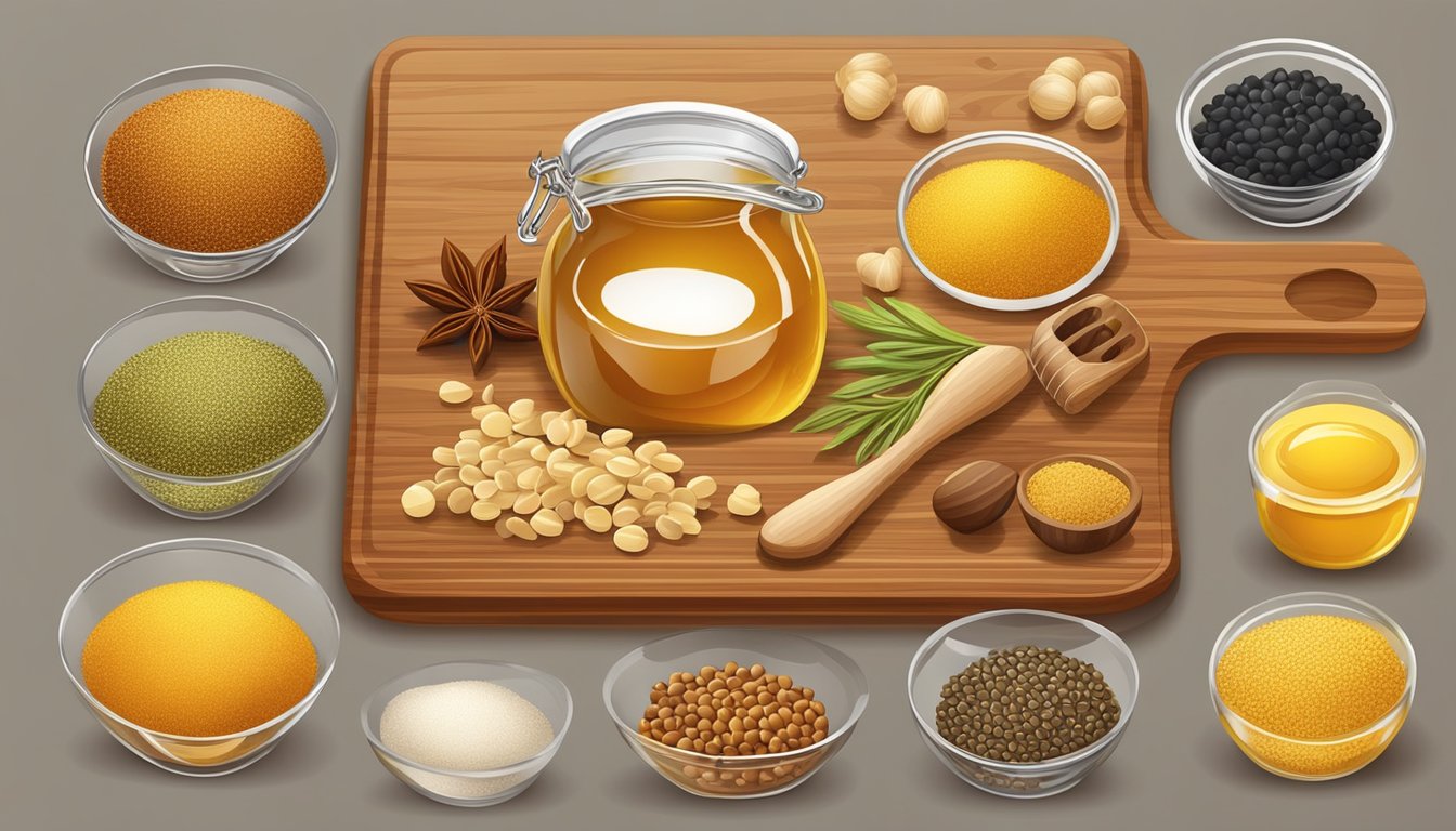 A wooden cutting board with a variety of ingredients such as honey, mustard seeds, vinegar, and spices arranged neatly for culinary experimentation