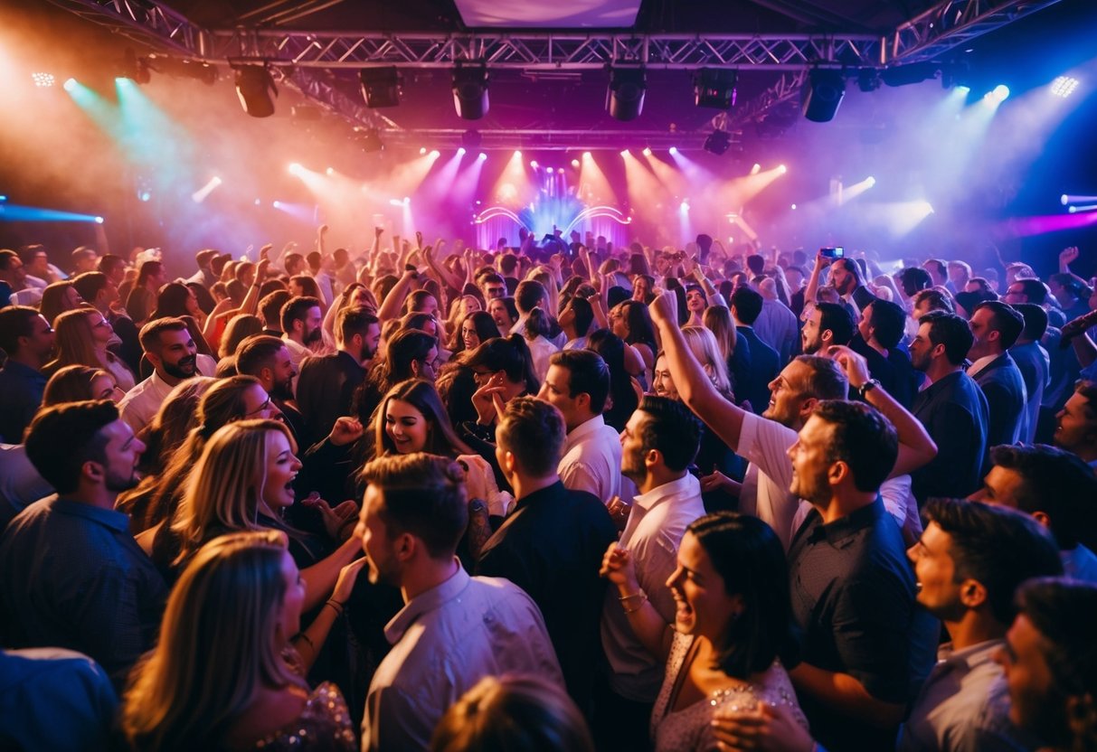 A crowded dance floor with people singing and dancing to the most played song of all time in the UK