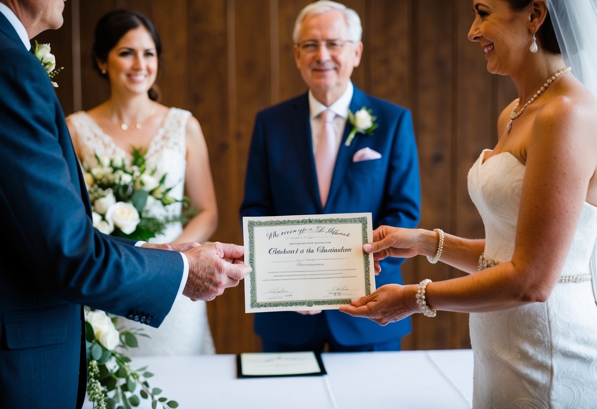A retired minister's hands holding a marriage certificate with a couple standing before them