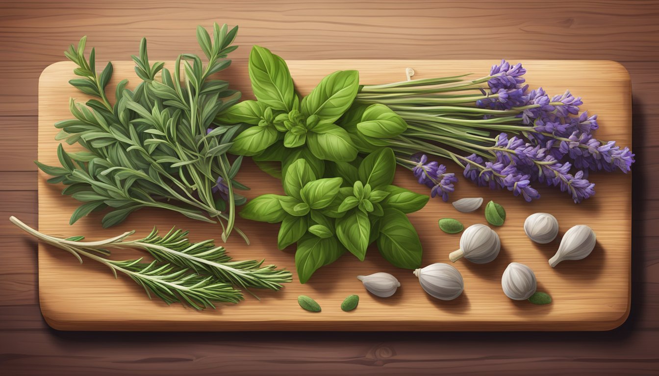 A collection of various fresh herbs, including rosemary, thyme, oregano, and lavender, arranged on a wooden cutting board