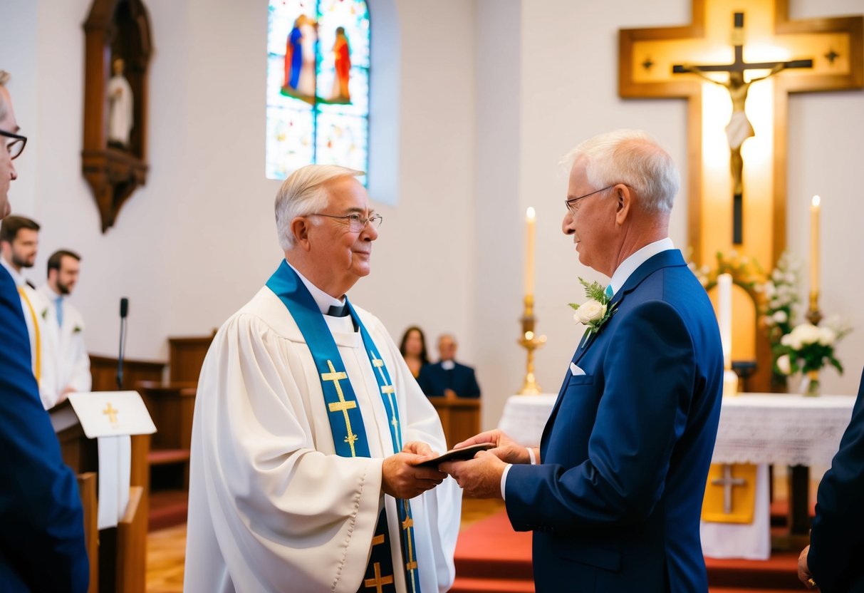 A retired minister officiating a wedding ceremony in a church, with religious symbols and decorations present