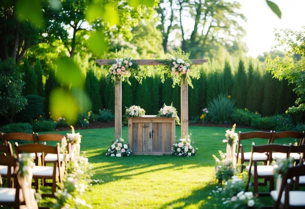 A serene garden setting with a rustic wooden altar adorned with flowers, surrounded by lush greenery and soft sunlight filtering through the trees