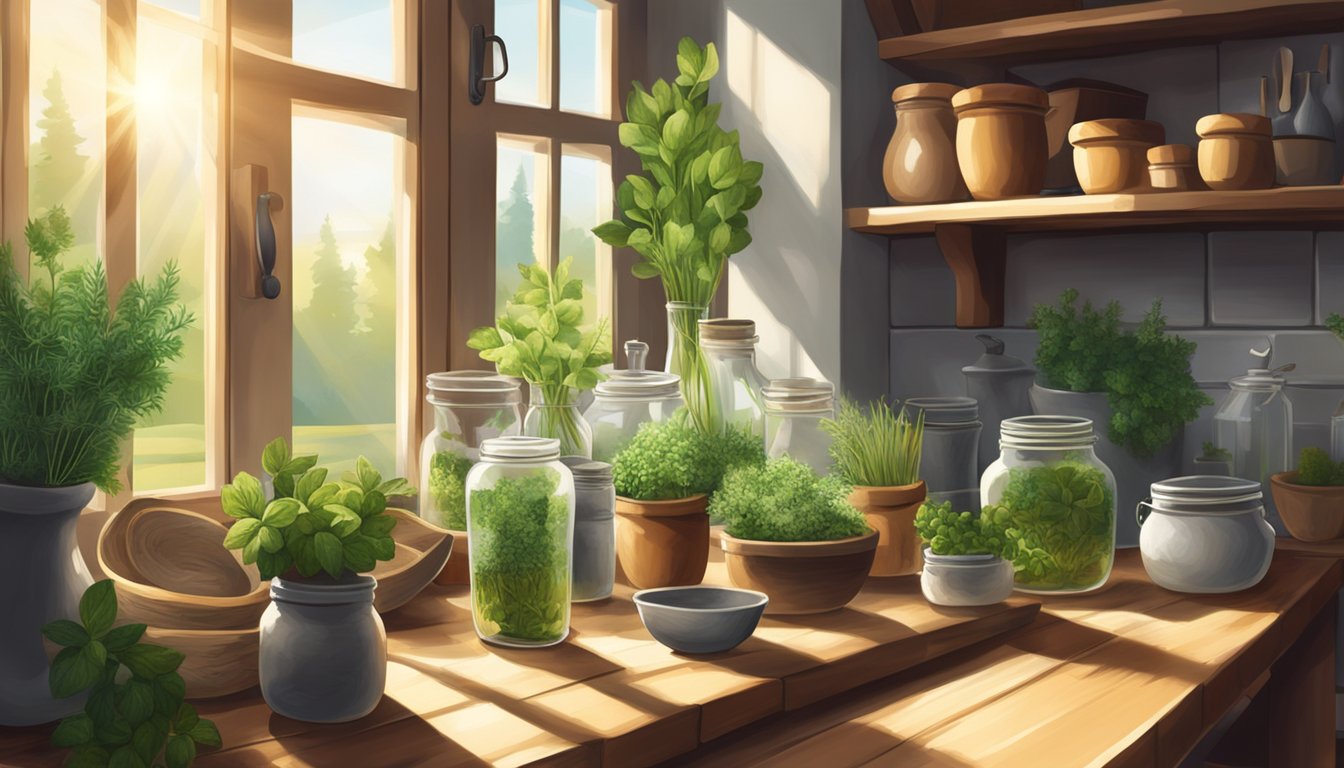 A rustic kitchen with a wooden table adorned with jars of herbs, a mortar and pestle, and a bouquet of fresh herbs. Sunlight streams through a window, casting a warm glow on the scene