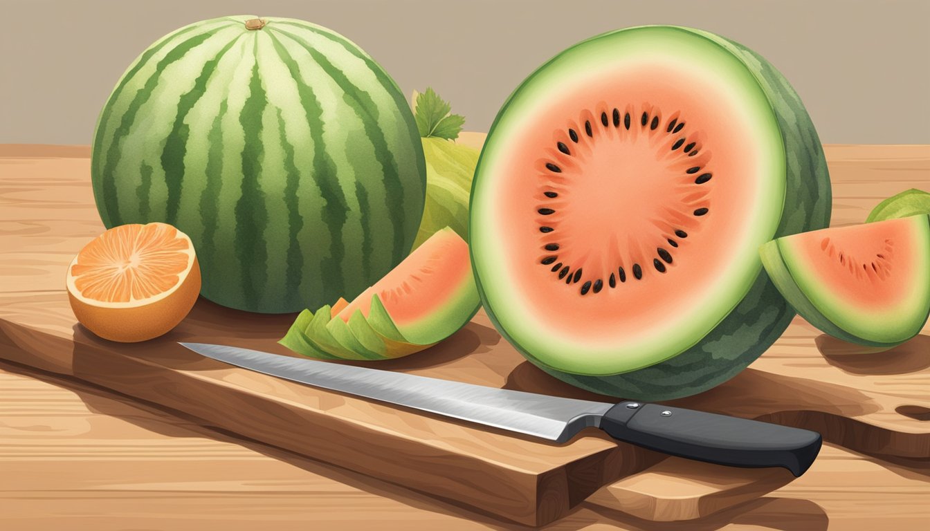 A ripe honeydew melon sits on a wooden cutting board, surrounded by various fruits like cantaloupe and watermelon. A chef's knife is poised to slice into the honeydew