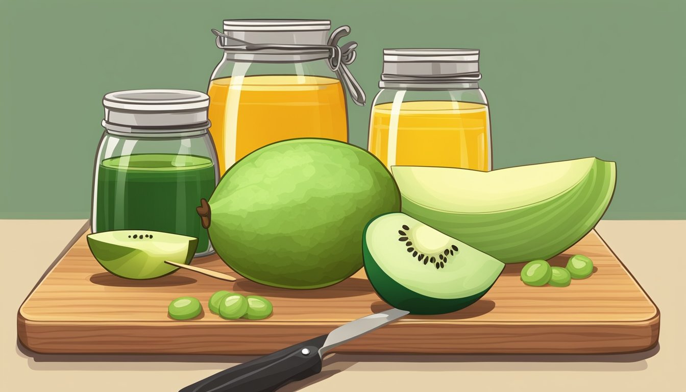 A selection of ripe honeydew substitutes arranged on a wooden cutting board with a knife and a bowl of mixed fruits in the background