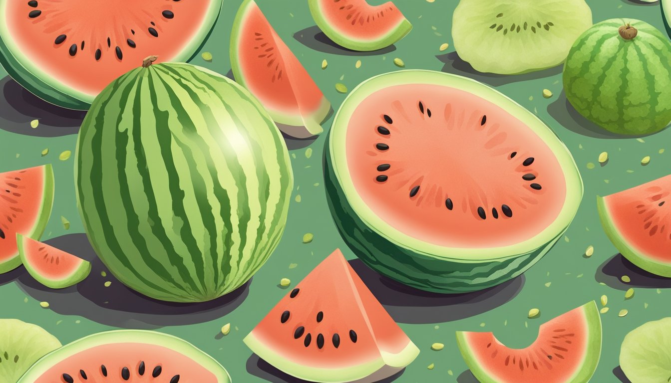 A ripe cantaloupe and a juicy watermelon sit on a wooden table, surrounded by scattered honeydew seeds and a honeydew-colored napkin