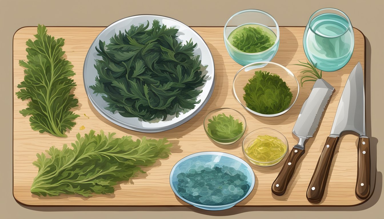 A variety of seaweed types arranged on a wooden cutting board with a knife and bowl of water nearby