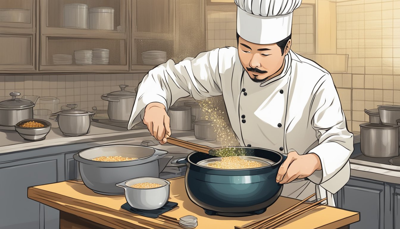 A chef sprinkles hijiki into a bubbling pot of miso soup