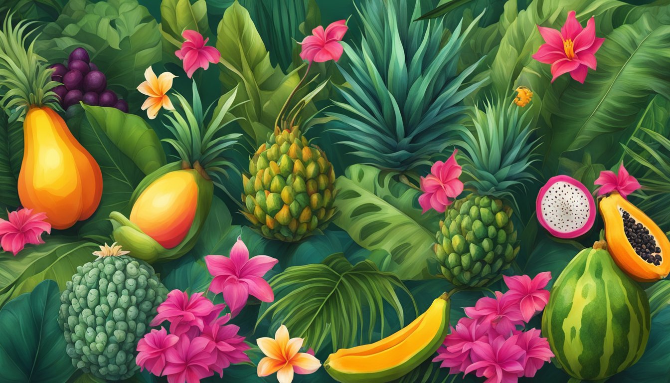 A lush tropical forest with vibrant flowers and a variety of exotic fruits, including papayas and dragon fruit