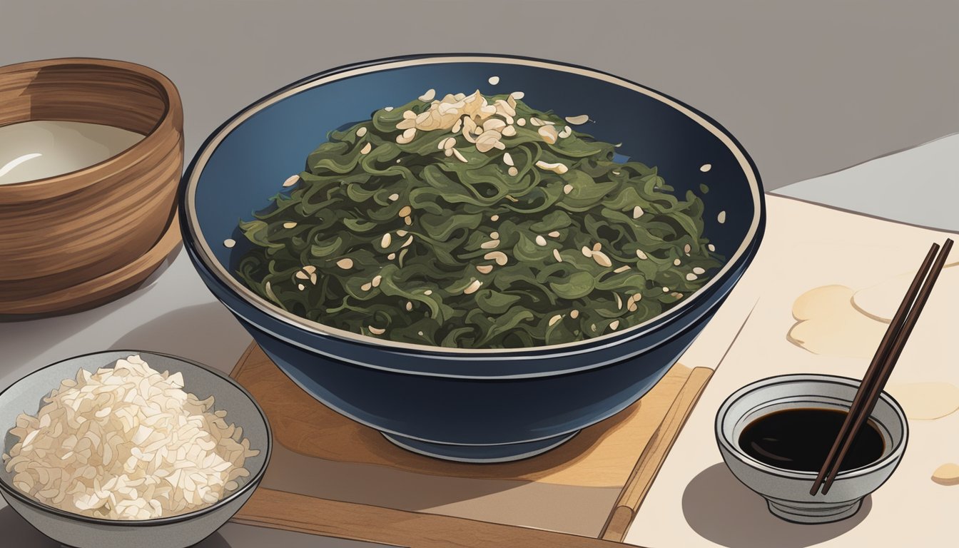 A pile of hijiki seaweed sits next to a bowl of soy sauce, mushrooms, and bonito flakes, showcasing the rich and savory umami flavor in detail