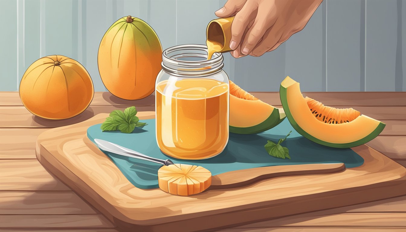 A hand pouring syrup into a glass jar next to a sliced cantaloupe on a cutting board