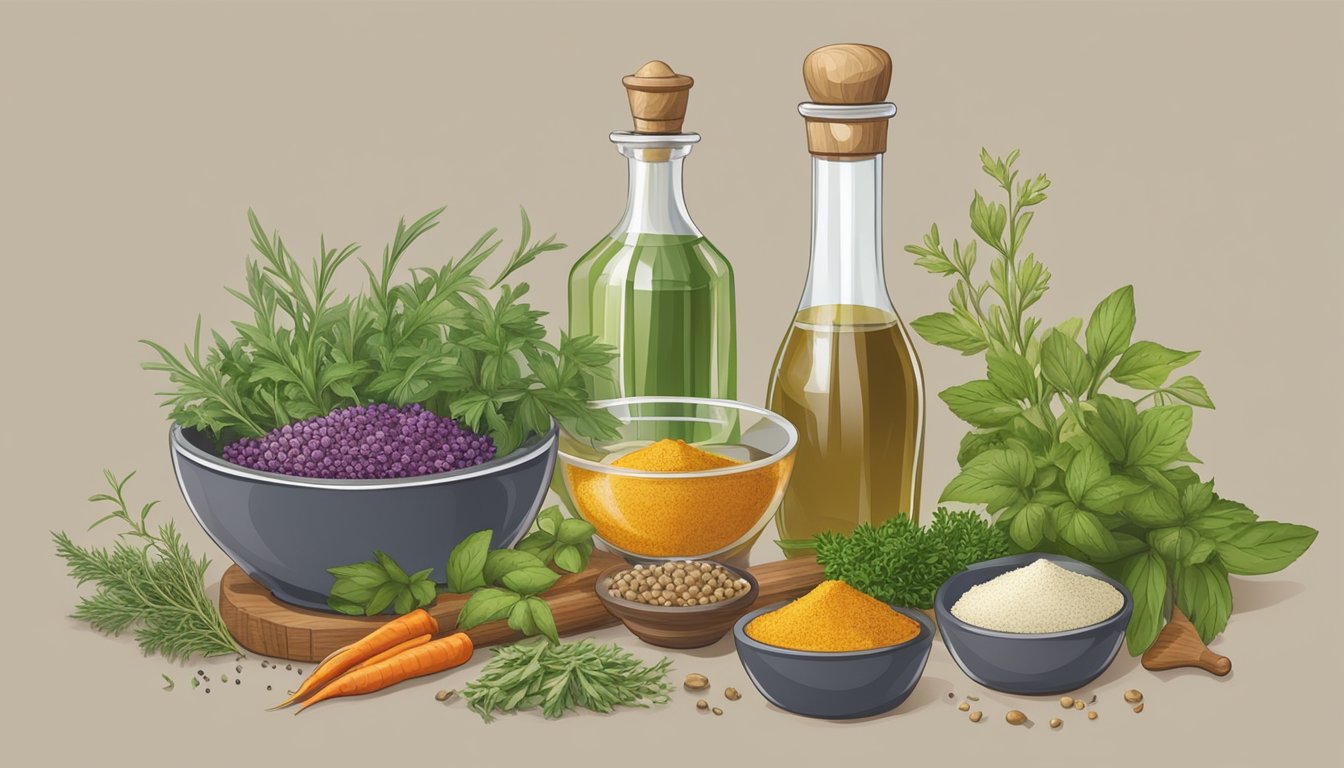 A variety of fresh herbs and spices arranged around a bottle of vinegar, with a mortar and pestle nearby for crushing and infusing