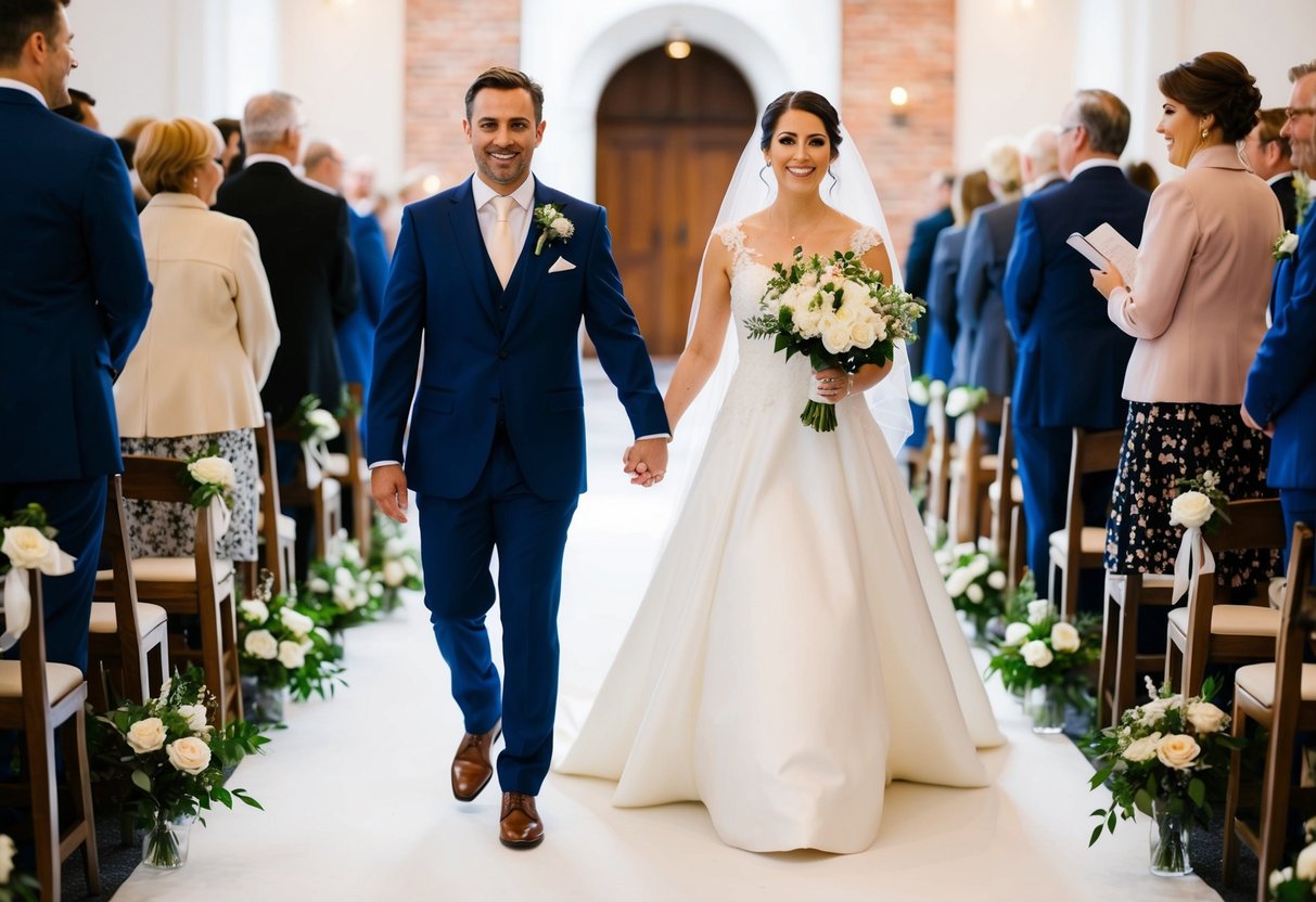 The bride and groom walk down separate aisles, each accompanied by their chosen entrance song