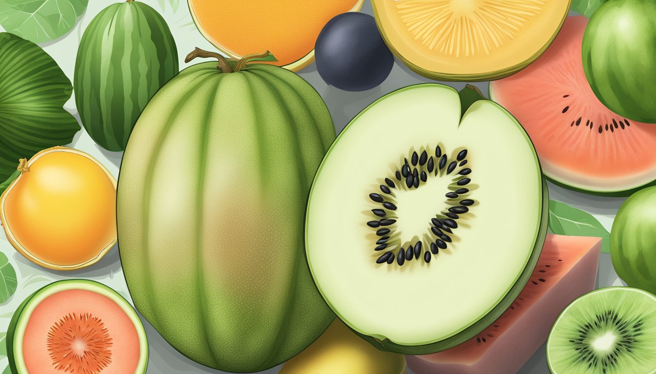 A honeydew melon surrounded by various substitute fruits like cantaloupe, watermelon, and mango, with their nutritional information displayed next to each